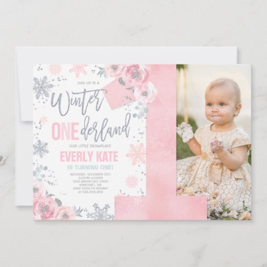 Winter ONEderland Birthday Invitation roze Silver Kaart (Voorkant)