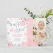 Winter ONEderland Birthday Invitation roze Silver Kaart (Staand voorkant)