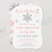 Winter ONEderland Birthday Invitation roze Silver Kaart (Voorkant / Achterkant)