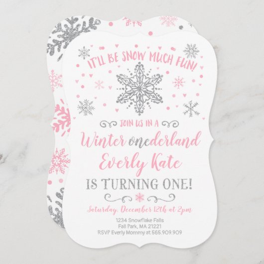 Winter ONEderland Birthday Invitation roze Silver Kaart (Voorkant / Achterkant)