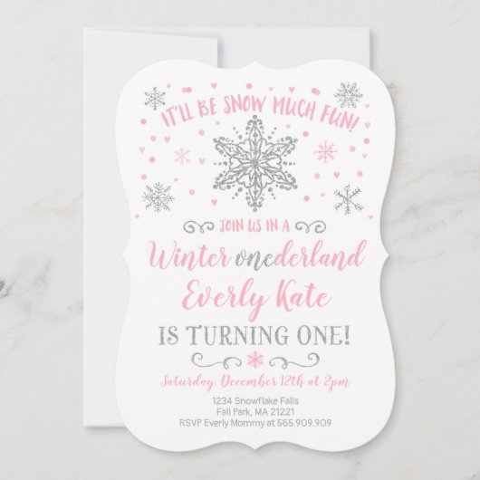 Winter ONEderland Birthday Invitation roze Silver Kaart (Voorkant)