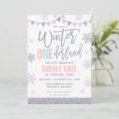 Winter ONEderland Birthday Invitation roze Silver Kaart (Staand voorkant)
