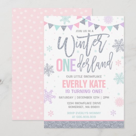 Winter ONEderland Birthday Invitation roze Silver Kaart (Voorkant / Achterkant)