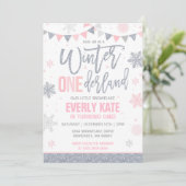 Winter ONEderland Birthday Invitation roze Silver Kaart (Staand voorkant)