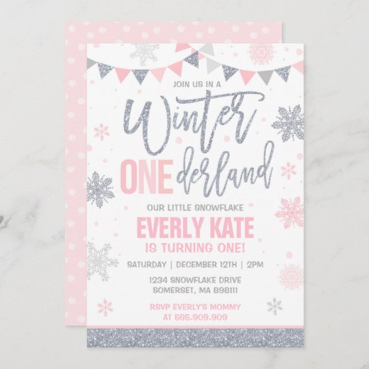 Winter ONEderland Birthday Invitation roze Silver Kaart (Voorkant / Achterkant)