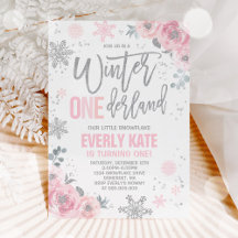 Winter ONEderland Birthday Invitation roze Silver