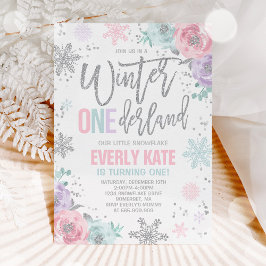 Winter ONEderland Birthday Invitation roze Silver Kaart