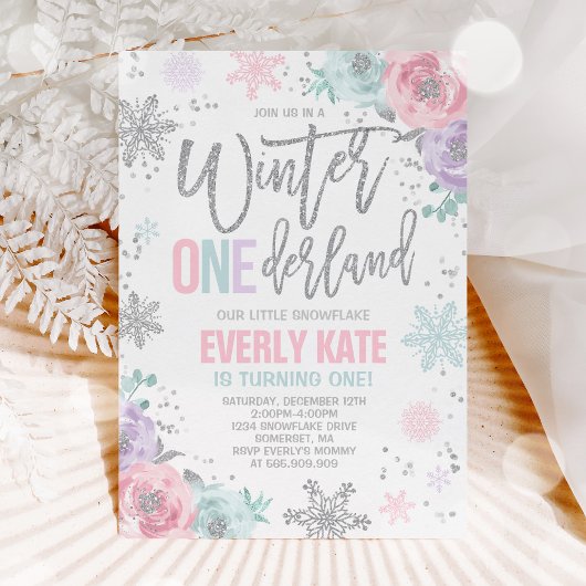 Winter ONEderland Birthday Invitation roze Silver Kaart