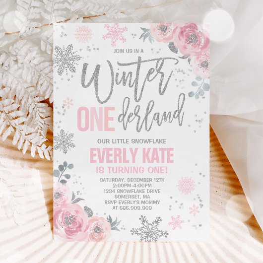 Winter ONEderland Birthday Invitation roze Silver Kaart