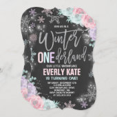 Winter ONEderland Birthday Invitation roze Silver Kaart (Voorkant / Achterkant)