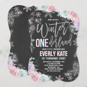 Winter ONEderland Birthday Invitation roze Silver Kaart