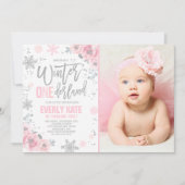 Winter ONEderland Birthday Invitation roze Silver Kaart (Voorkant)