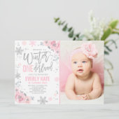Winter ONEderland Birthday Invitation roze Silver Kaart (Staand voorkant)