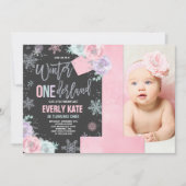 Winter ONEderland Birthday Invitation roze Silver Kaart (Voorkant)