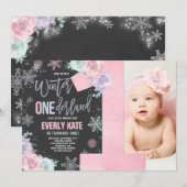 Winter ONEderland Birthday Invitation roze Silver Kaart (Voorkant / Achterkant)