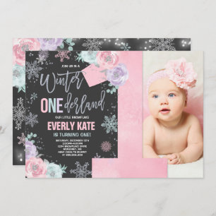 Winter ONEderland Birthday Invitation roze Silver Kaart