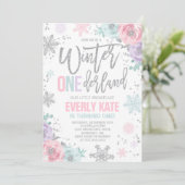 Winter ONEderland Birthday Invitation roze Silver Kaart (Staand voorkant)