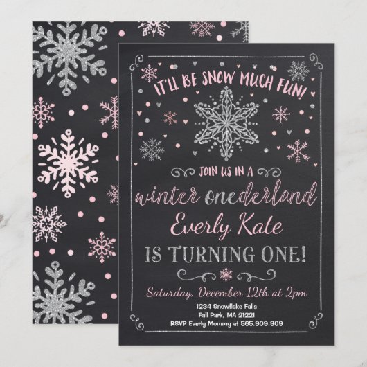 Winter ONEderland Birthday Invitation roze Silver Kaart (Voorkant / Achterkant)