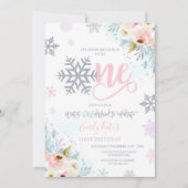 Winter ONEderland Birthday Invitation Silver Pink Kaart (Voorkant)