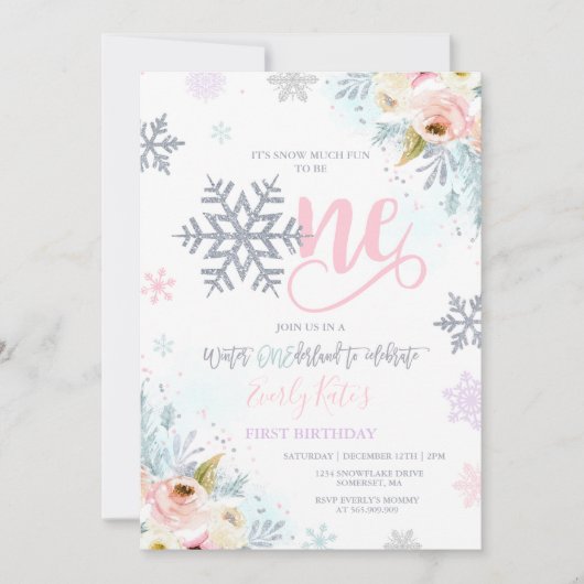 Winter ONEderland Birthday Invitation Silver Pink Kaart (Voorkant)