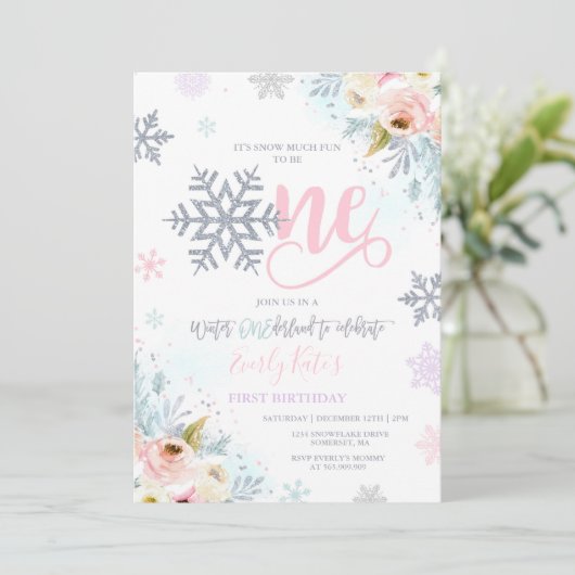 Winter ONEderland Birthday Invitation Silver Pink Kaart (Staand voorkant)