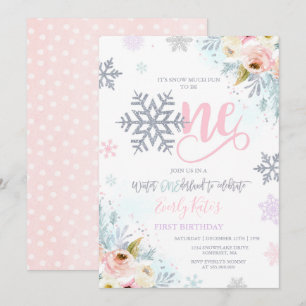 Winter ONEderland Birthday Invitation Silver Pink Kaart
