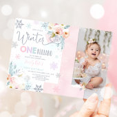 Winter ONEderland Birthday Invitation Silver Pink Kaart