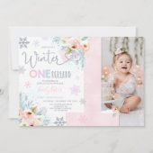 Winter ONEderland Birthday Invitation Silver Pink Kaart (Voorkant)