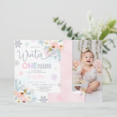 Winter ONEderland Birthday Invitation Silver Pink Kaart (Staand voorkant)
