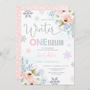 Winter ONEderland Birthday Invitation Silver Pink Kaart