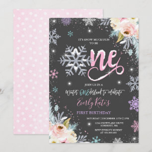Winter ONEderland Birthday Invitation Silver Pink Kaart