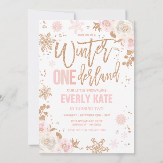 Winter ONEderland Birthday Roos Gold en roze Kaart (Voorkant)