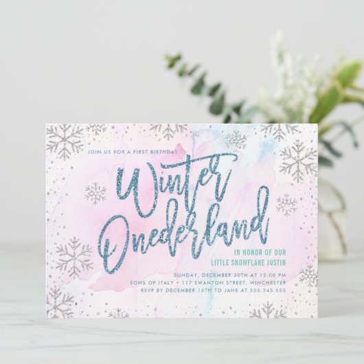 Winter ONEderland Birthday Silver Blue Glitter Kaart (Staand voorkant)