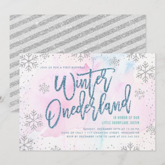 Winter ONEderland Birthday Silver Blue Glitter Kaart (Voorkant / Achterkant)