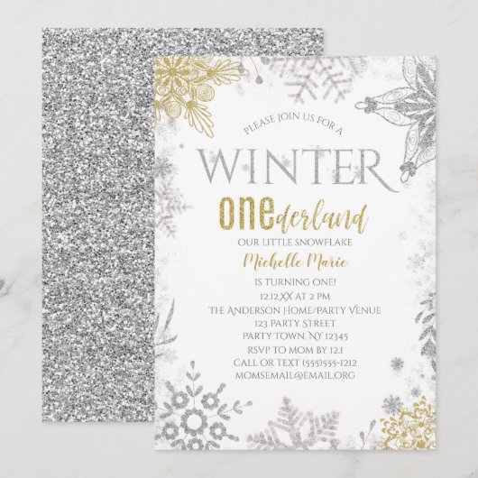 Winter Onederland Birthday Silver Gold Snowflake I Kaart (Voorkant / Achterkant)
