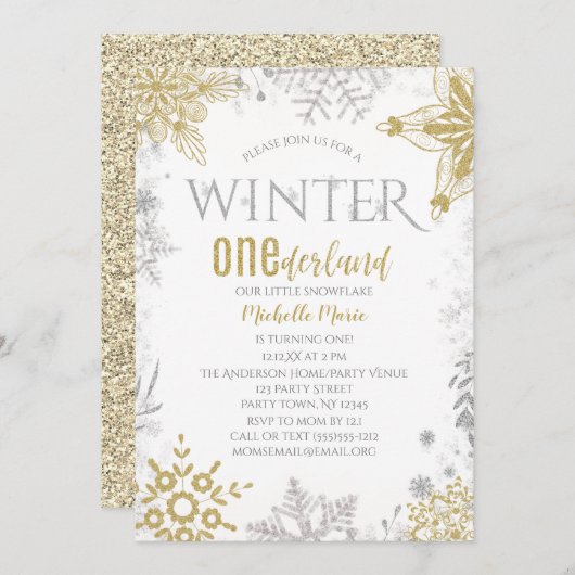 Winter Onederland Birthday Silver Gold Snowflake Kaart (Voorkant / Achterkant)
