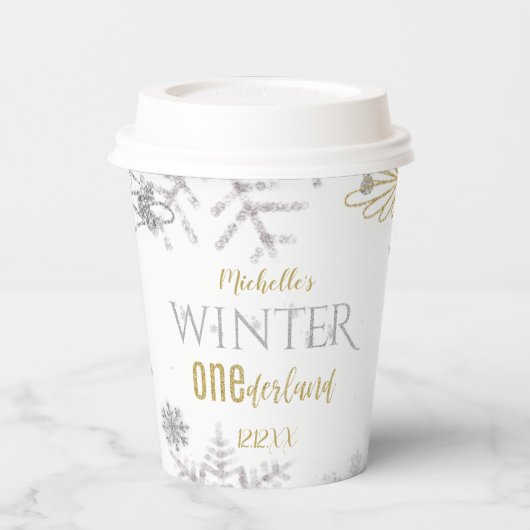 Winter Onederland Birthday Silver Gold Snowflake Papieren Bekers (Links)