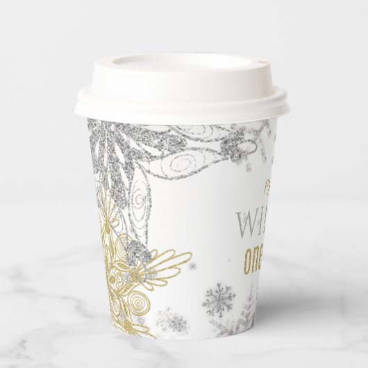 Winter Onederland Birthday Silver Gold Snowflake Papieren Bekers (Voorkant)