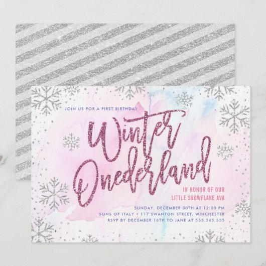 Winter ONEderland Birthday Silver Magenta Glitter Kaart (Voorkant / Achterkant)