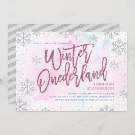 Winter ONEderland Birthday Silver Magenta Glitter Kaart