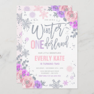 Winter ONEderland Birthday Silver Pink Snowflake Kaart