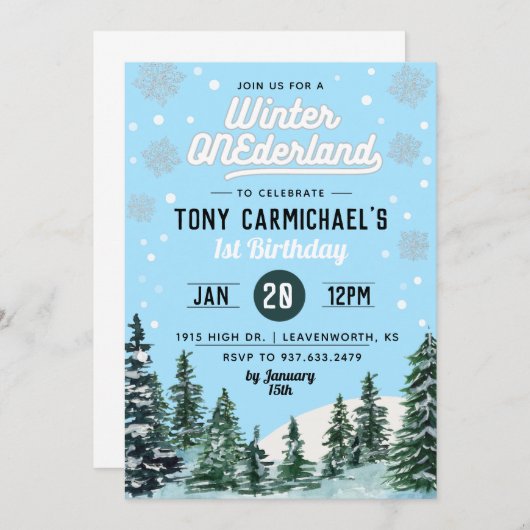 Winter Onederland Birthday Uitnodiging (Voorkant / Achterkant)