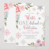 Winter ONEderland Birthday Uitnodiging met bloemen (Voorkant / Achterkant)