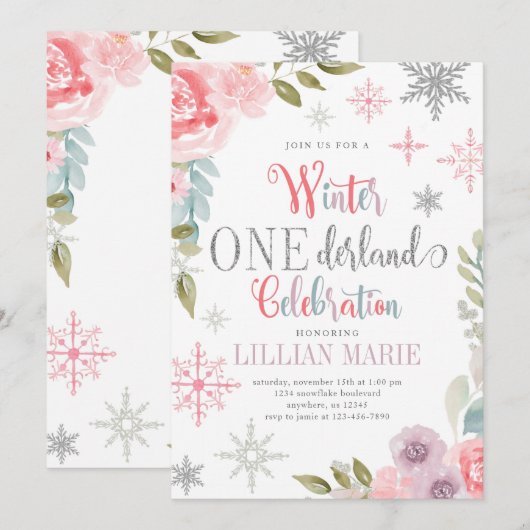Winter ONEderland Birthday Uitnodiging met bloemen (Voorkant / Achterkant)