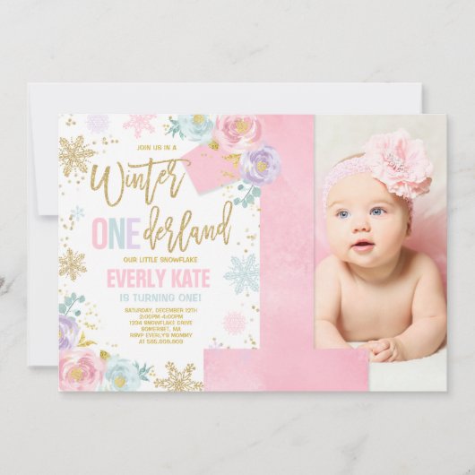 Winter ONEderland Birthday Uitnodiging roze goud (Voorkant)