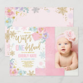 Winter ONEderland Birthday Uitnodiging roze goud (Voorkant / Achterkant)