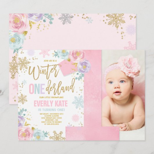 Winter ONEderland Birthday Uitnodiging roze goud (Voorkant / Achterkant)