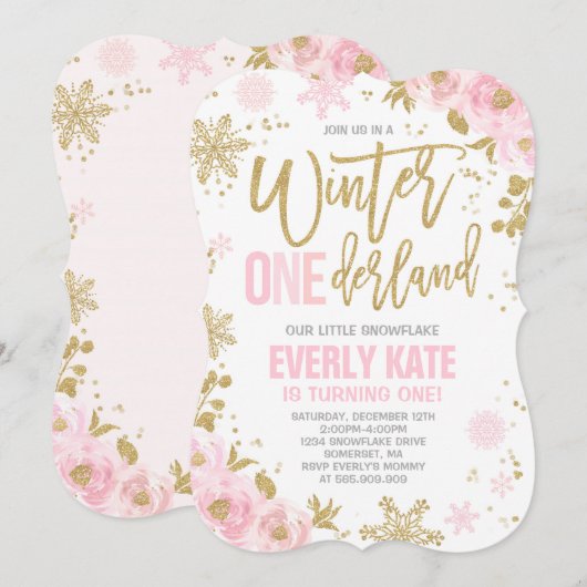 Winter ONEderland Birthday Uitnodiging roze goud (Voorkant / Achterkant)