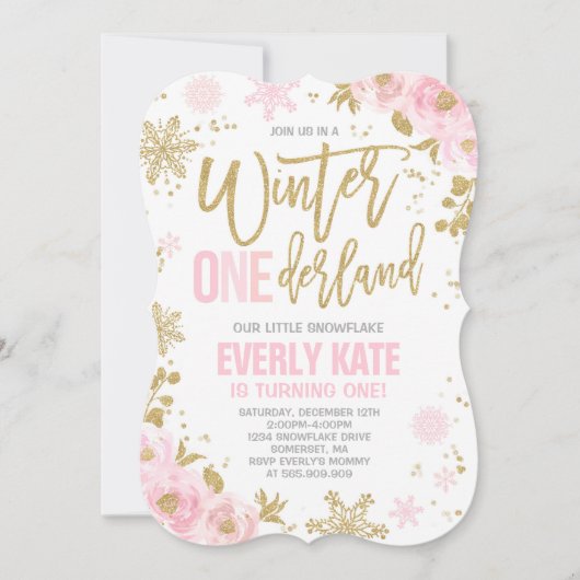 Winter ONEderland Birthday Uitnodiging roze goud (Voorkant)