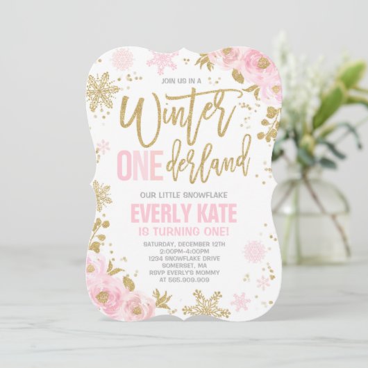 Winter ONEderland Birthday Uitnodiging roze goud (Staand voorkant)
